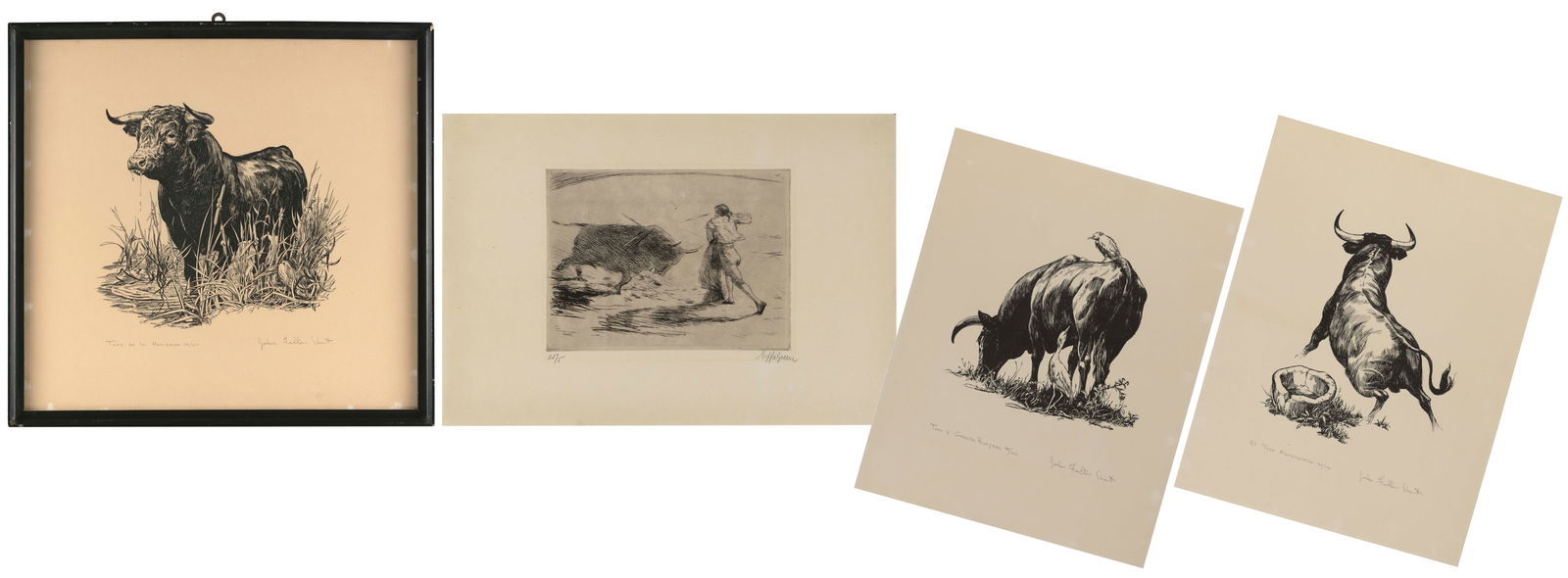 FOUR PRINTS RELATED TO BULLS Sheet sizes from 12" x 17.5" to 17" x 17.5". Three matted. One framed (1 of 6)