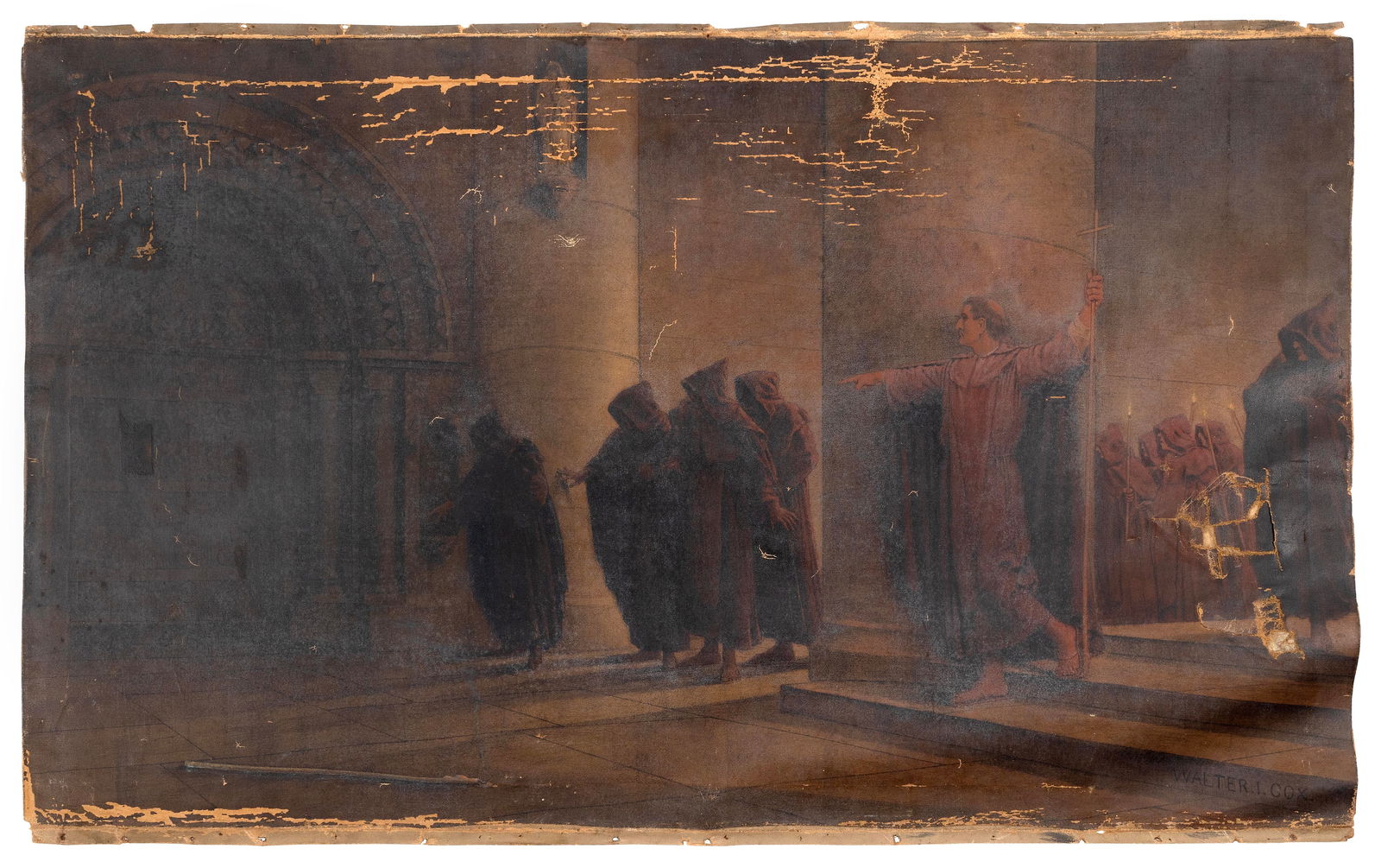 WALTER I. COX (California/England, 1867-1930), Procession of monks., Oil on canvas, 30" x 49". (1 of 1)