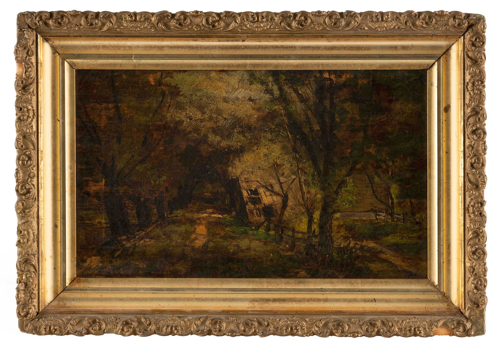 GEORGE WILLIAM WHITAKER (Rhode Island/New York/Massachusetts, 1841-1916), Road through a forest.,: GEORGE WILLIAM WHITAKERRhode Island/New York/Massachusetts, 1841-1916Road through a forest. Signed lower left ìG. Whitakerî.Oil on canvas, 9î x 15î. Framed 13î x 18.75î.
