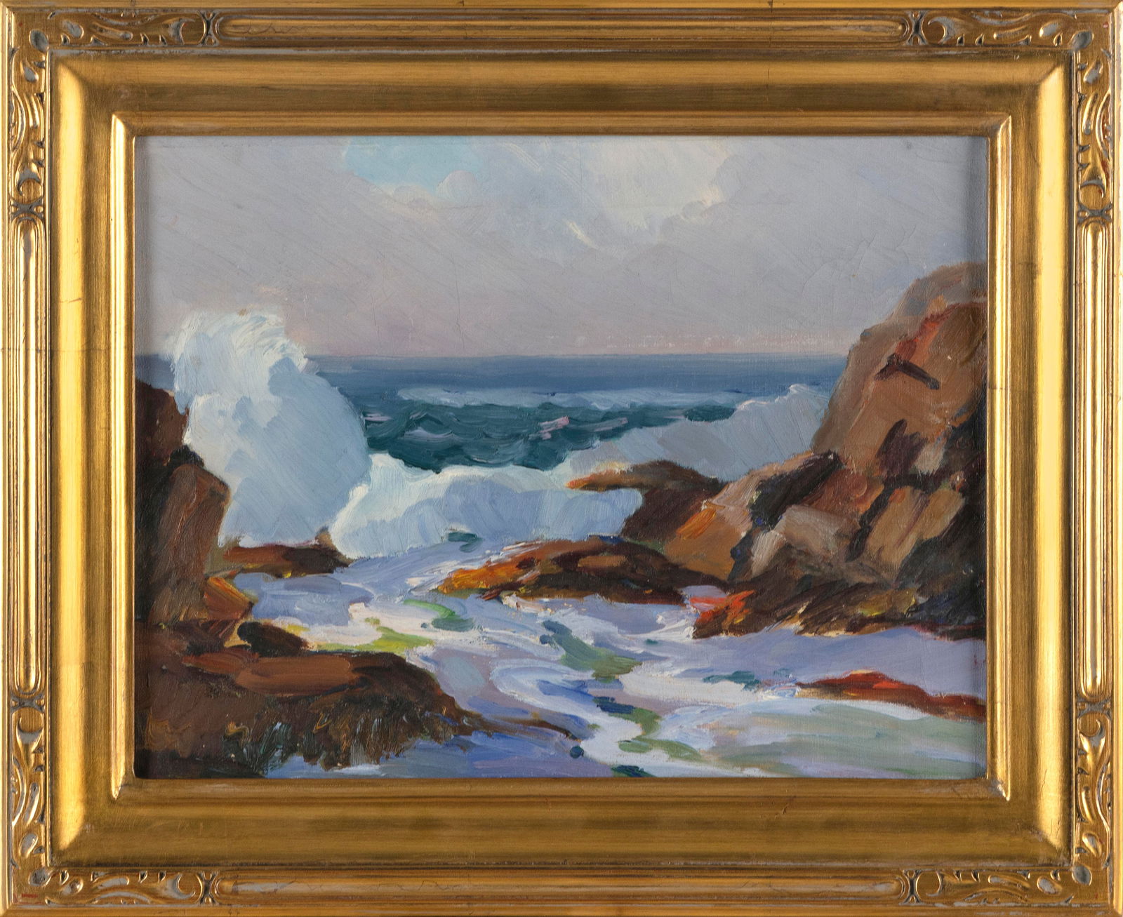 ALICE DAVIS JOHNSTON (Massachusetts, 1928-1986), Waves crashing on rocks., Oil on canvas, 12" x 16". (1 of 3)