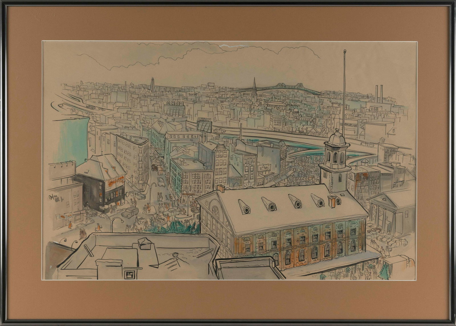 DRAPER HILL, JR. (Massachusetts, 1935-2009), Bird's-eye view of Boston., Mixed media on paper, (1 of 2)