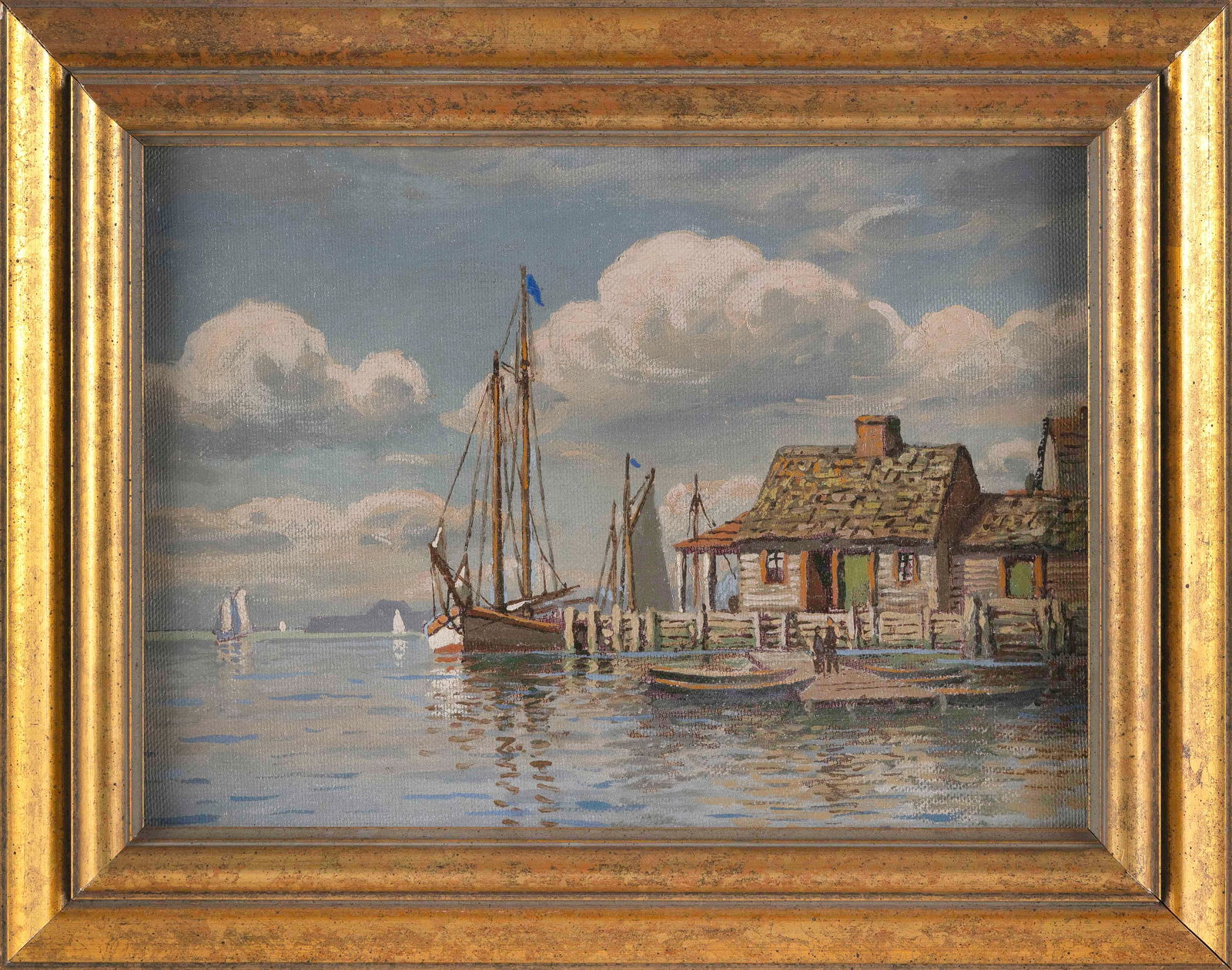 ATTRIBUTED TO WILLIAM FREDERICK PASKELL (Massachusetts, 1866-1951), Schooner at dock., Oil on: ATTRIBUTED TO WILLIAM FREDERICK PASKELLMassachusetts, 1866-1951Schooner at dock. Unsigned.Oil on canvas, 10î x 14î. Framed 13.75î x 17.25î.
