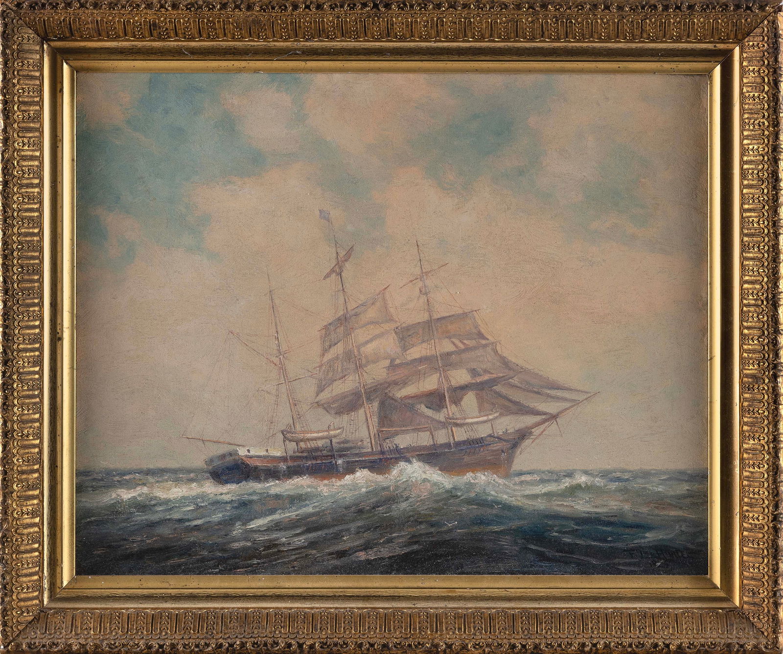 FREDERICK LEO HUNTER (New York, 1858-1943), The Charles W. Morgan at sea., Oil on canvas, 16" x 20".: FREDERICK LEO HUNTERNew York, 1858-1943The Charles W. Morgan at sea. Signed and dated lower right "F. Leo Hunter 1925".Oil on canvas, 16" x 20". Framed 20" x 24". Provena