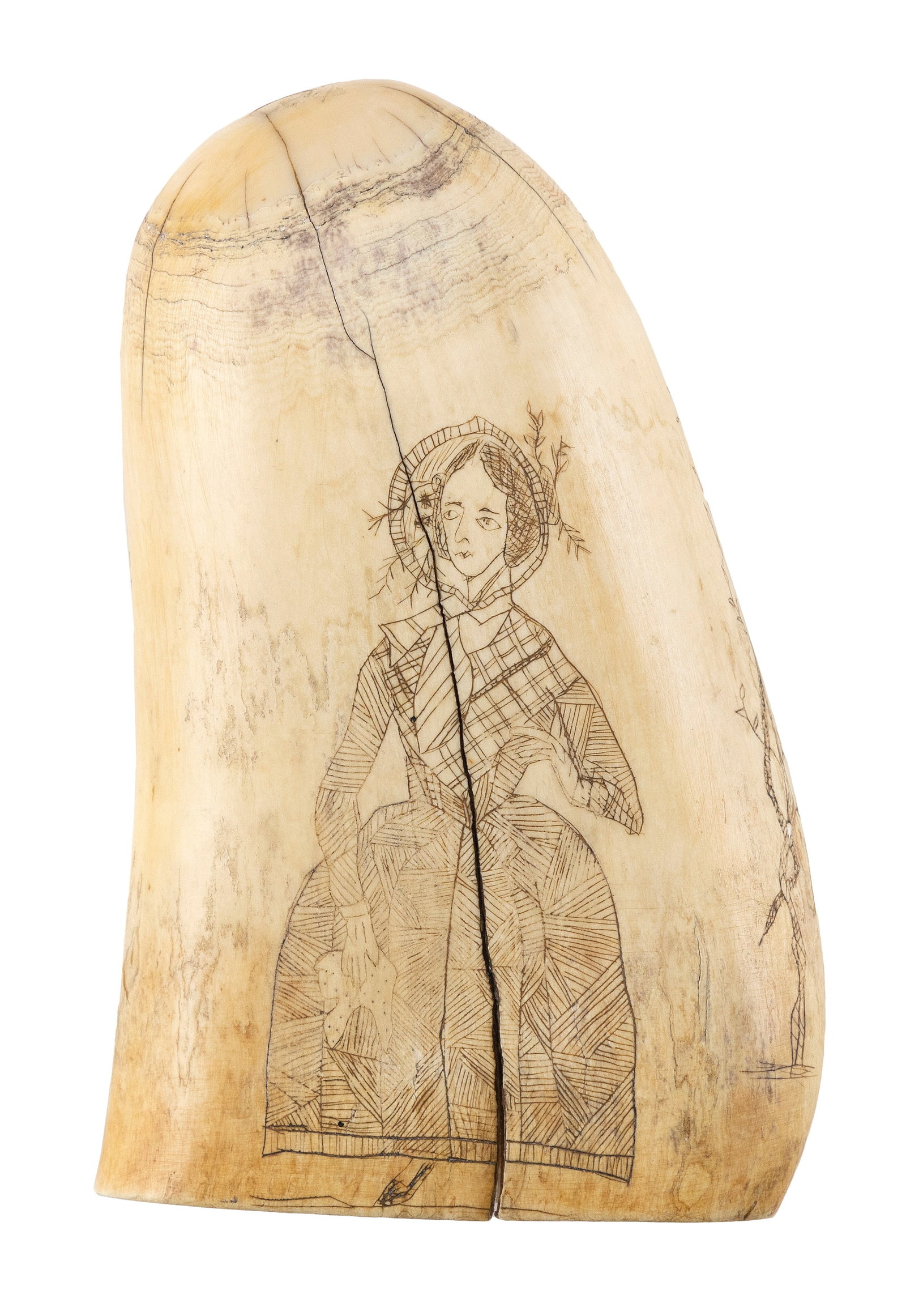 SCRIMSHAW WHALE'S TOOTH DEPICTING A WOMAN IN A BONNET America, Mid-19th Century Length 5.5".: SCRIMSHAW WHALE'S TOOTH DEPICTING A WOMAN IN A BONNET America, Mid-19th Century Woman in a plaid and patterned dress. Edges and reverse with images of plants. Length 5.5".