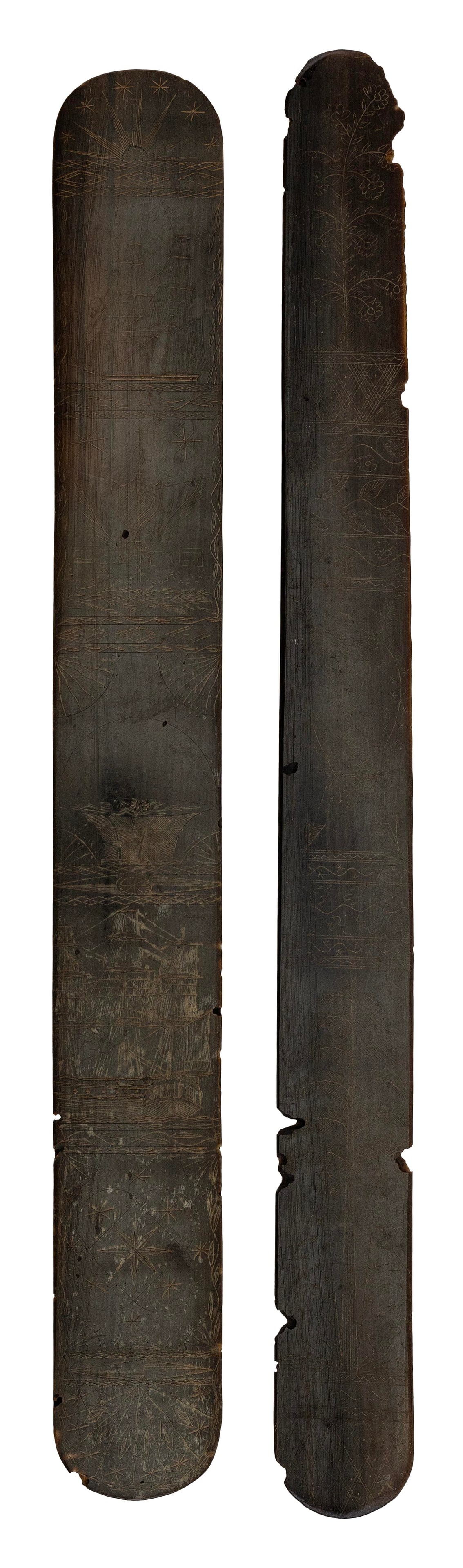 TWO SCRIMSHAW BALEEN BUSKS Late 19th/Early 20th Century: TWO SCRIMSHAW BALEEN BUSKS Late 19th/Early 20th Century 1) Obverse with several vignettes including a rising sun, ship portraits, stars, a sheaf of arrows and a shield-shaped urn set on a plinth marke
