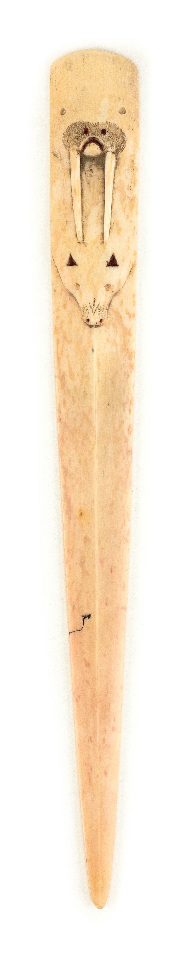 ESKIMO WALRUS IVORY LETTER OPENER First Quarter of the 20th Century Length 9î.: ESKIMO WALRUS IVORY LETTER OPENER First Quarter of the 20th Century Terminal with a relief-carved polar bear and walrus head. Length 9î.