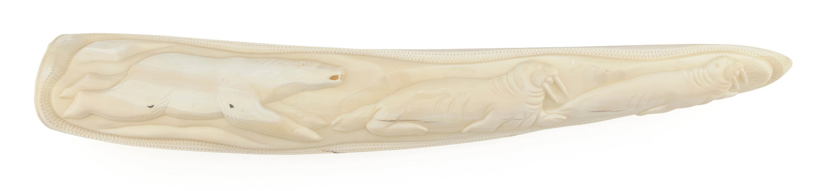 JAMES LEE (Alaskan Inuit, 20th Century), Walrus tusk with deep relief carving of a pair of polar: JAMES LEE Alaskan Inuit, 20th Century Walrus tusk with deep relief carving of a pair of polar bears hunting seals on one side and a polar bear chasing a pair of walrus on the opposite side. Signed &qu