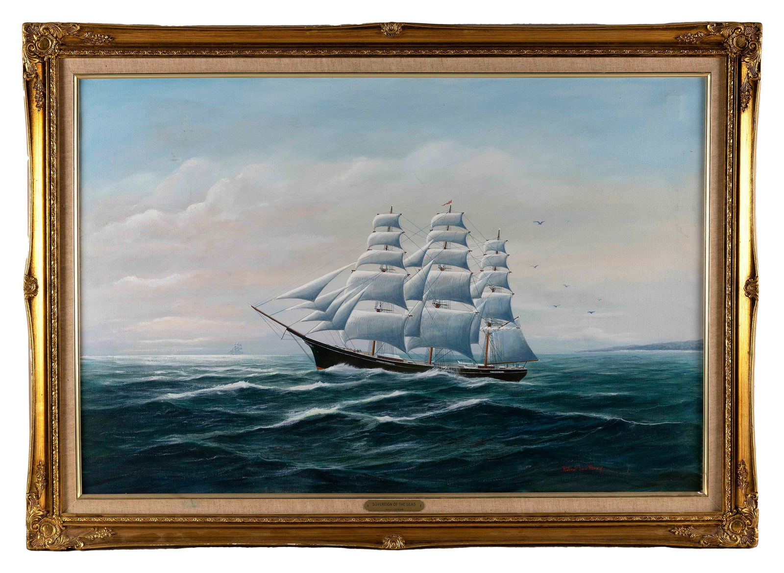 ROBERT LEE PERRY (Massachusetts/Maine, 1909-1991), "Sovereign of the Seas"., Oil on canvas, 24" x: ROBERT LEE PERRYMassachusetts/Maine, 1909-1991"Sovereign of the Seas". Signed lower right "Robert Lee Perry". Titled on stretcher. Signed and inscribed "Ft Myers, Fla" ve