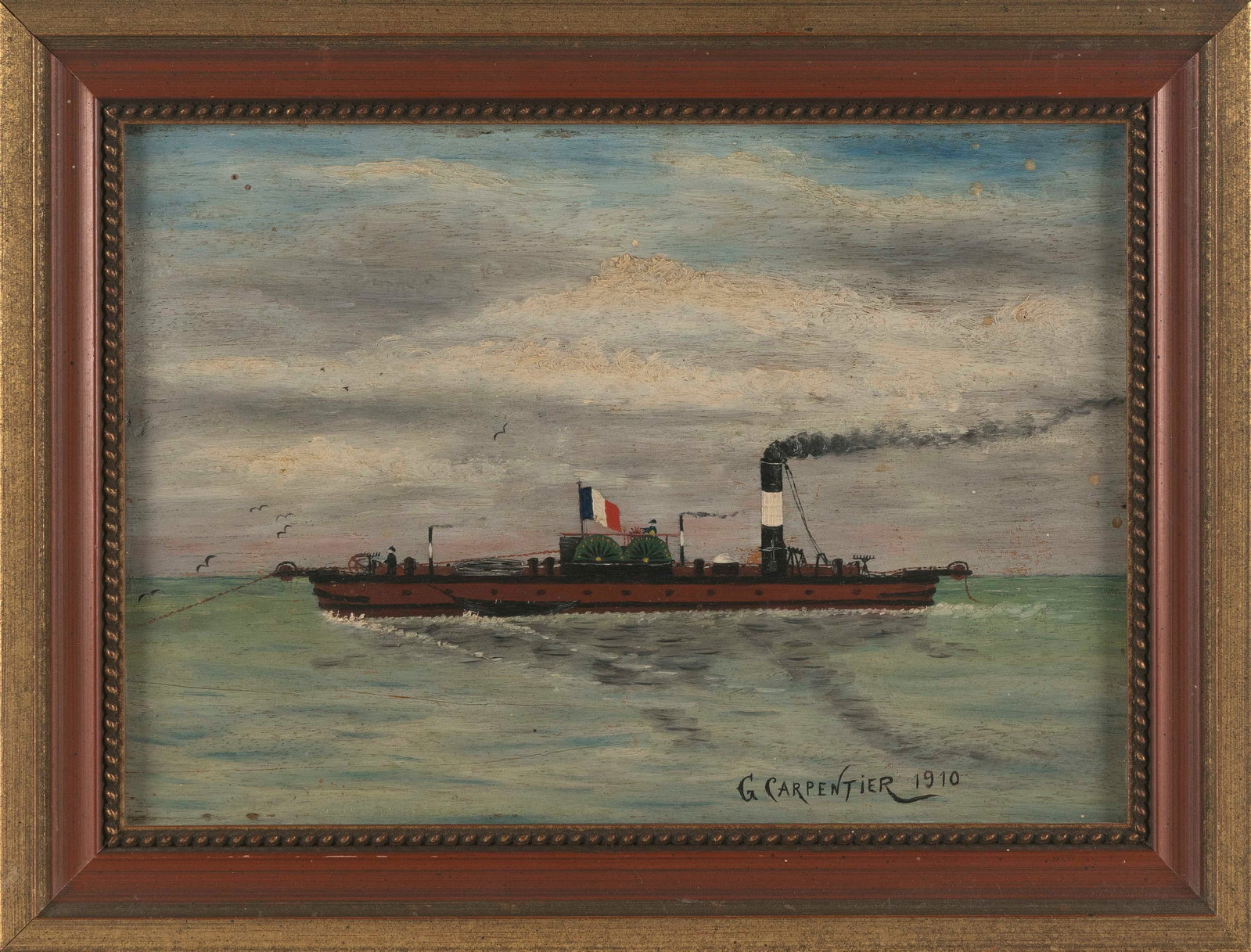 CONTINTENTAL SCHOOL (1910,), French paddlewheel steamship., Oil on board, 8.75" x 12.25". Framed 11": CONTINTENTAL SCHOOL 1910 French paddlewheel steamship. Signed and dated lower right "G. Carpentier 1910". Painted on the back of a Filipino tobacco box cover. Oil on board, 8.75" x 12.25". Framed 11" 