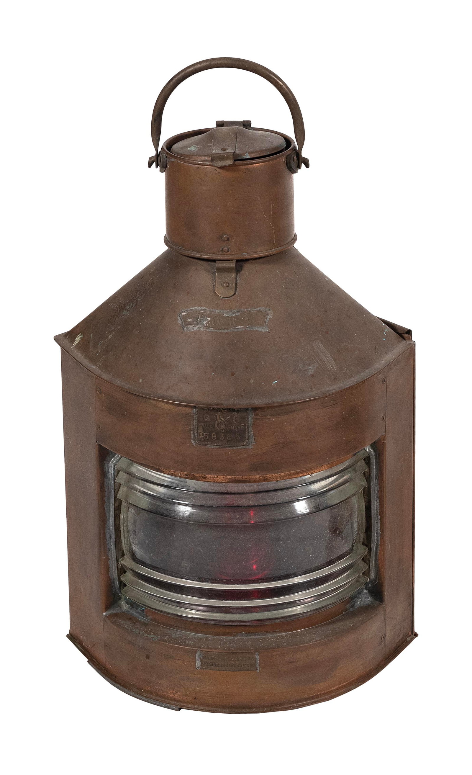 SEAHORSE COPPER PORT RUNNING LIGHT England, Early 20th Century Height 22". Depth 10" square.: SEAHORSE COPPER PORT RUNNING LIGHT England, Early 20th Century Tagged "Port". Wedge-shaped lantern with rounded front, sliding access panel, mounting bracket, flue and bail handle. Fresnel l