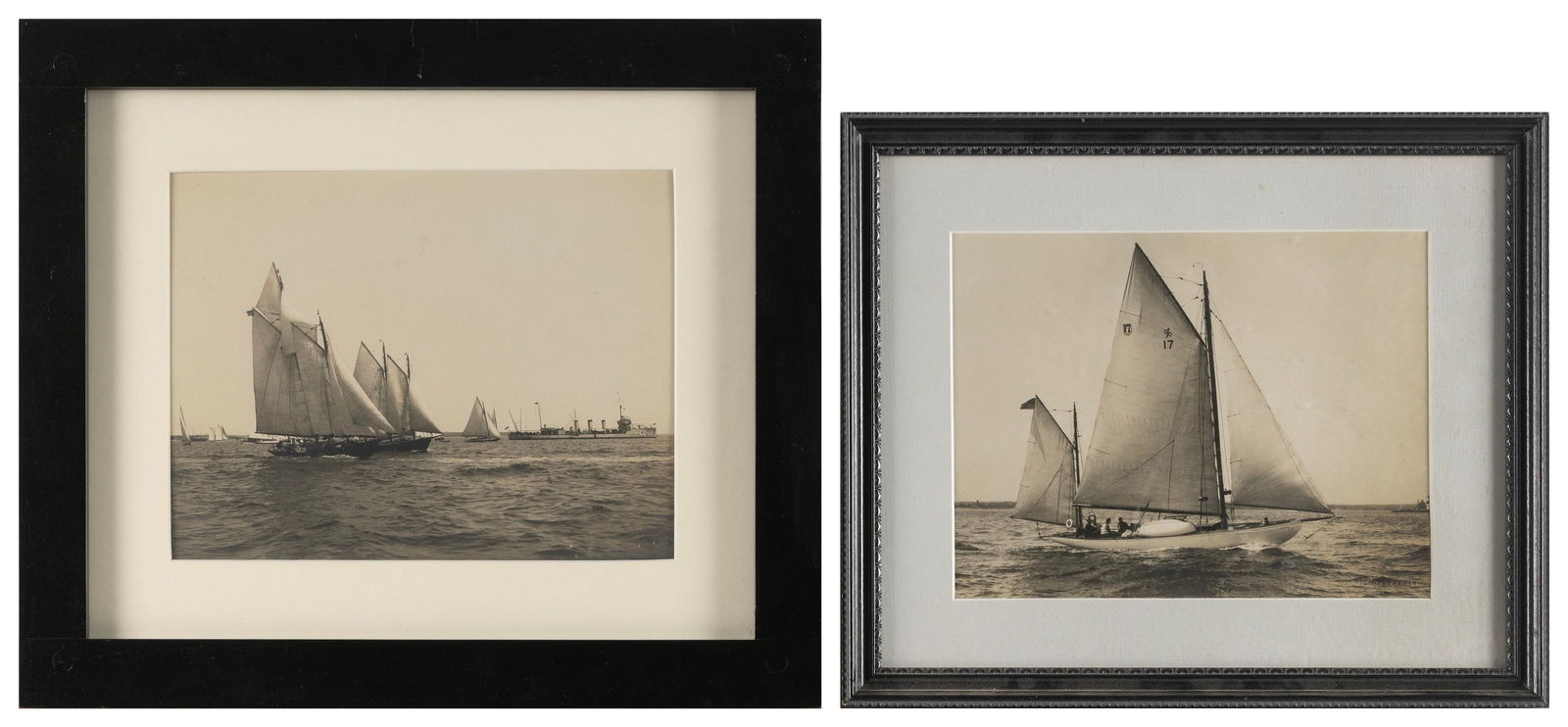 MORRIS ROSENFELD (America, 1885-1968), Two black and white photographs: MORRIS ROSENFELDAmerica, 1885-1968Two black and white photographs: 1) Sailboats and a battleship. Unsigned. 7.25î x 9.25î. Framed 13î x 15î.2) Portrait of yawl number 17. Stamped l