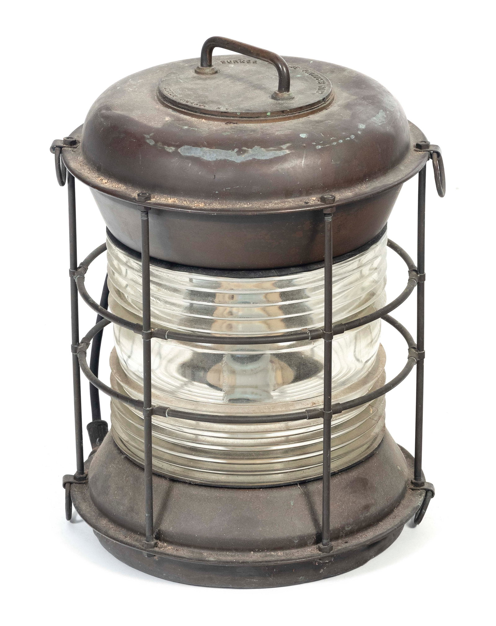 DURKEE MARINE 360-DEGREE SHIP'S LANTERN Staten Island, New York, Early 20th Century Height 17".: DURKEE MARINE 360-DEGREE SHIP'S LANTERN Staten Island, New York, Early 20th Century Clear Fresnel lens. Galvanized steel lantern with protective bars. Top marked "Durkee Marine Products Corp Stat