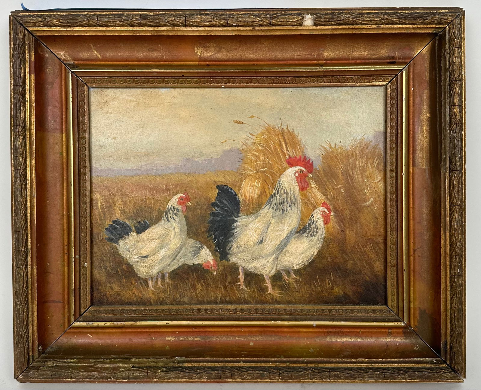 AMERICAN SCHOOL (20th Century,), Roosters and hens., Oil on board, 8" x 11". Framed 12.5" x 15.5". (1 of 2)