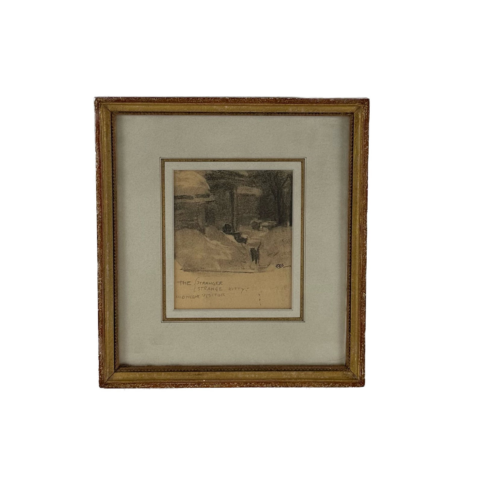 PAUL BRANSOM (New York/Wyoming/South Carolina, 1885-1979), Winter scene with cats., Lithographic: PAUL BRANSOM New York/Wyoming/South Carolina, 1885-1979 Winter scene with cats. Initialed "PB" lower right. Inscribed "The Stranger Strange Kitty Midnight Visitor". Lithographic cr