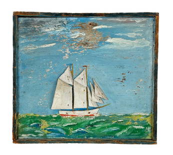 PRIMITIVE SHADOW BOX DIORAMA OF A TWO-MASTED SHIP 20th Century 13î x 14.5î.: PRIMITIVE SHADOW BOX DIORAMA OF A TWO-MASTED SHIP20th CenturyWooden ship against a painted seascape background.13î x 14.5î.