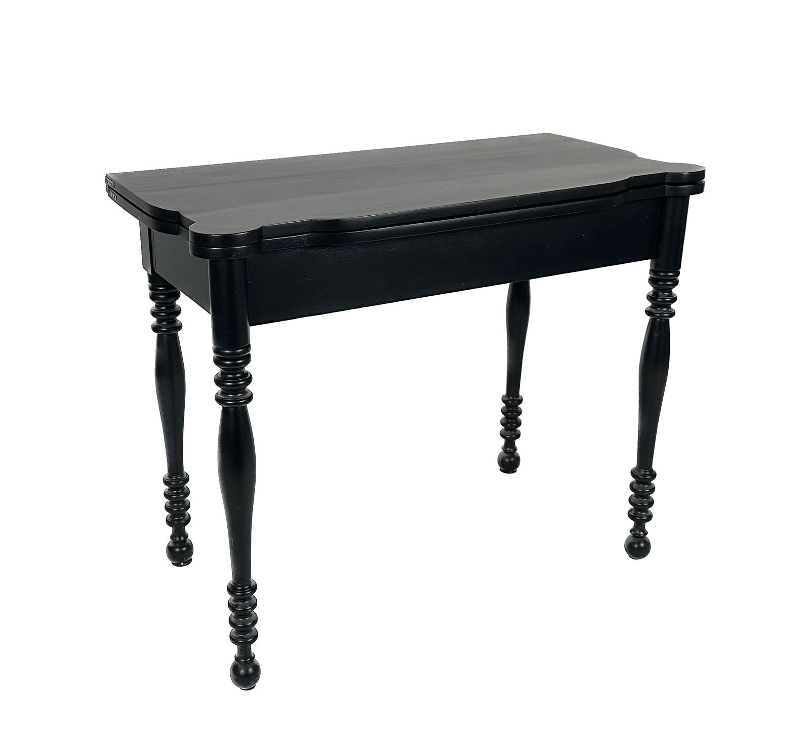 SWING-LEG GAMES TABLE Late 20th Century Height 29.5î. Width 36î. Depth 17.75î.: SWING-LEG GAMES TABLELate 20th CenturyIn maple under an ebonized finish. Turned legs end in ball feet. Unmarked.Height 29.5î. Width 36î. Depth 17.75î.