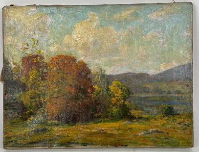 AMERICAN SCHOOL (Early 20th Century,), Impressionist landscape., Oil on canvas, 12" x 16". Unframed.: AMERICAN SCHOOLEarly 20th CenturyImpressionist landscape. Unsigned.Oil on canvas, 12&quot; x 16&quot;. Unframed.