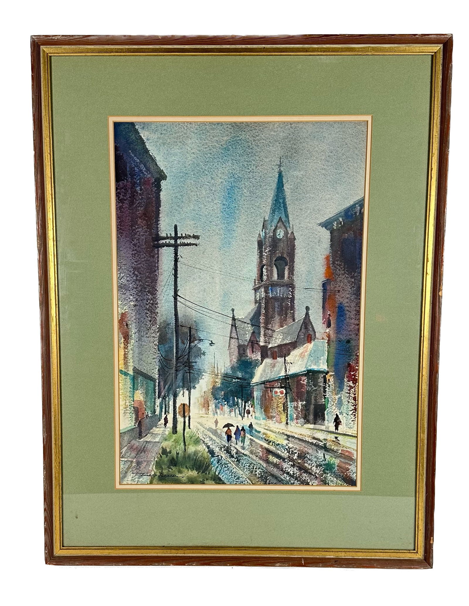 EDWARD BASKER (Indiana, 1908-1972), Street scene with church., Watercolor on paper, 22î x (1 of 1)