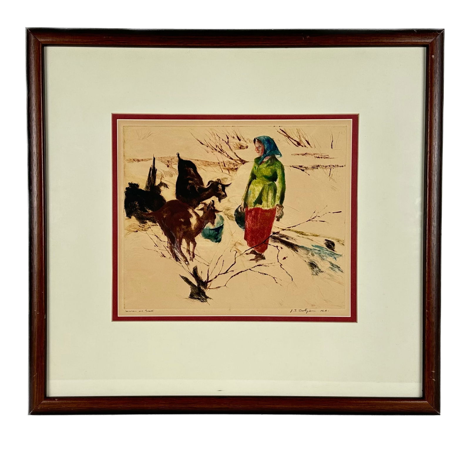 JOHN EDWARD COSTIGAN (Rhode Island/New York, 1888-1972), "Woman and Goat"., Hand-colored engraving, (1 of 1)