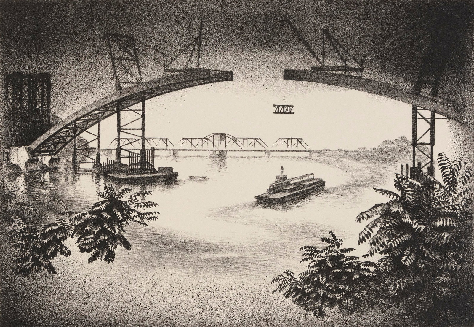 LOUIS LOZOWICK (New York/New Jersey, 1892-1973), "Spanning the Hudson"., Lithograph, 9" x 13.25". (1 of 2)