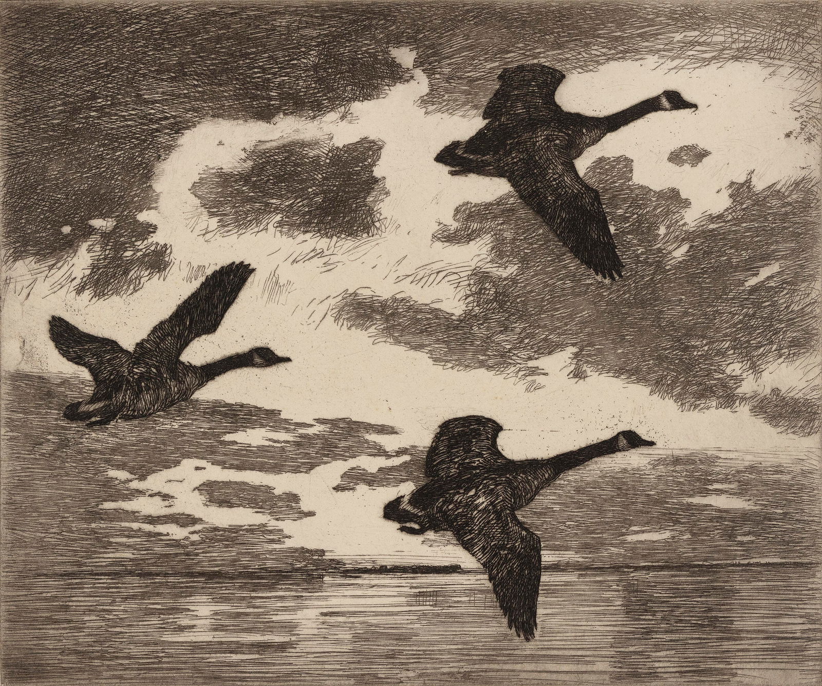 FRANK WESTON BENSON (Massachusetts, 1862-1951), "Cloudy Dawn", 1922., Etching, 10" x 12". Matted 16" (1 of 2)