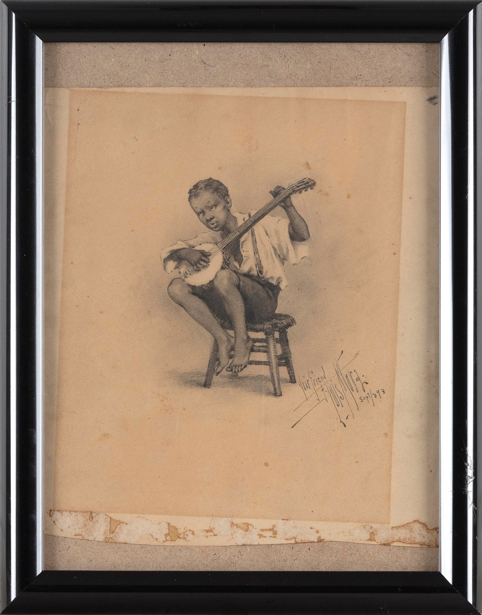FRANCIS LUIS MORA (Uruguay/America, 1874-1940), Seated boy playing a banjo, 1893., Pencil on paper. (1 of 3)