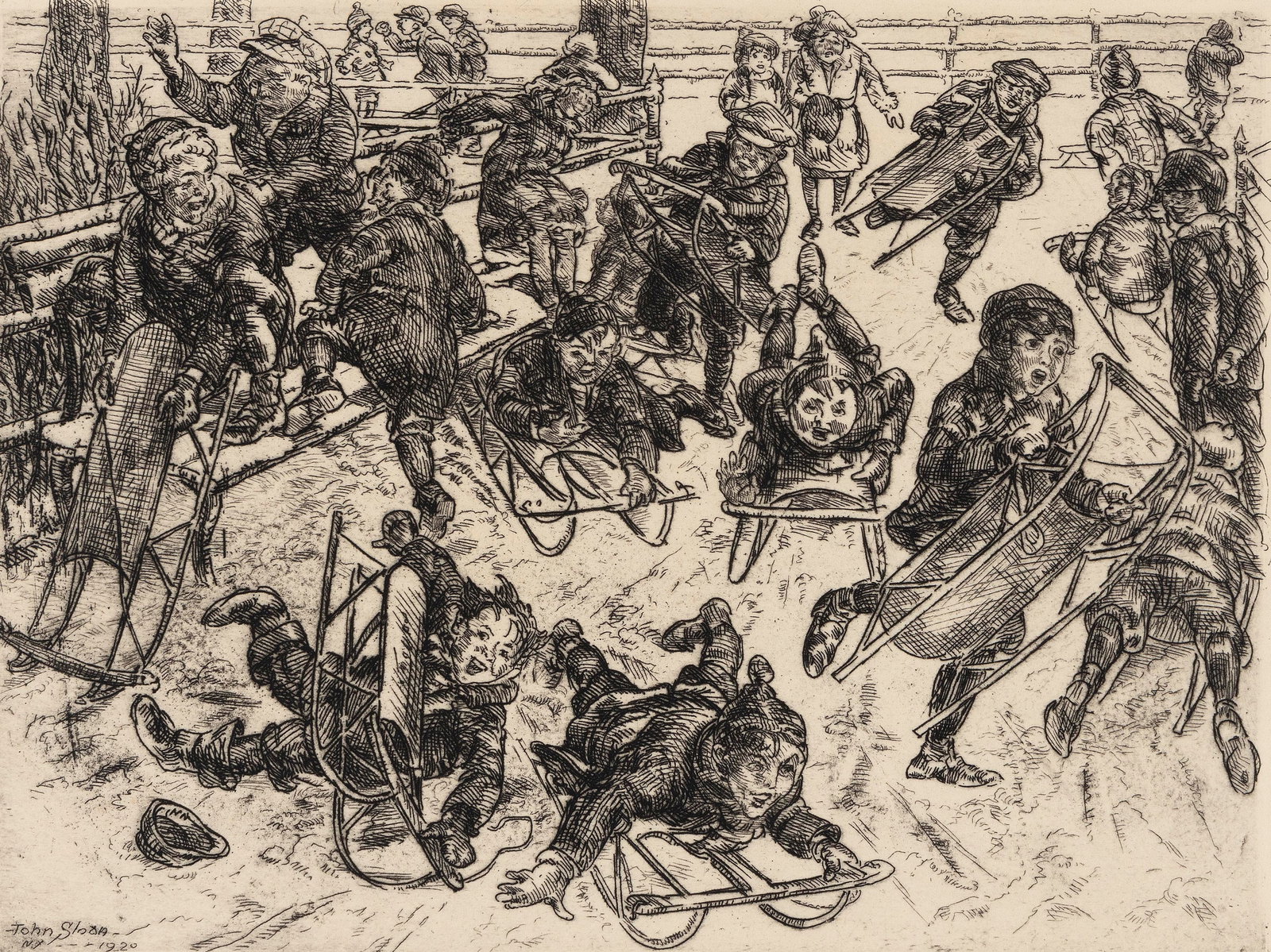 JOHN FRENCH SLOAN (New York/New Mexico/New Hampshire, 1871-1951), "Boys Sedding", 1920., Etching, 5" (1 of 2)