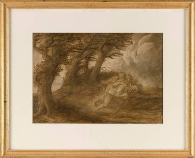ALPHONSE LEGROS (France/United Kingdom, 1837-1911), "Paysans fuyant devant l'orage"., Watercolor and: ALPHONSE LEGROSFrance/United Kingdom, 1837-1911"Paysans fuyant devant l'orage". Signed "A. Legros" lower left. Titled on paper mount verso.Watercolor and wash on card mounted to he