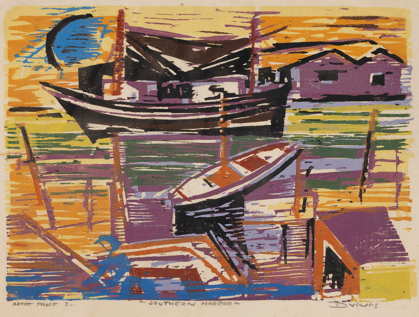WERNER DREWES (New York/Missouri/Germany, 1899-1985), "Southern Harbor", 1961., Color woodcut, 12" x: WERNER DREWESNew York/Missouri/Germany, 1899-1985"Southern Harbor", 1961. Published by Associated American Artists, New York. An artist's proof, aside from the edition of 100. Signed, titled