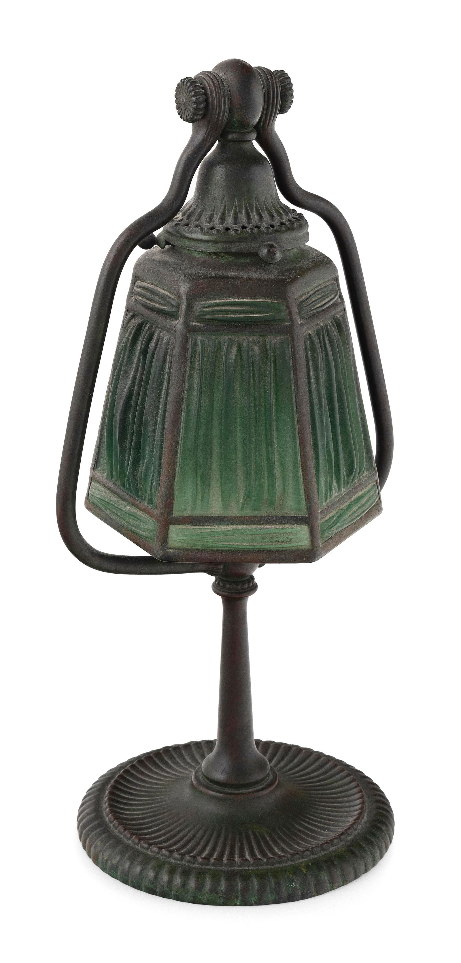 TIFFANY STUDIOS LINEN-FOLD HARP DESK LAMP Early 20th Century Height 14". (1 of 5)