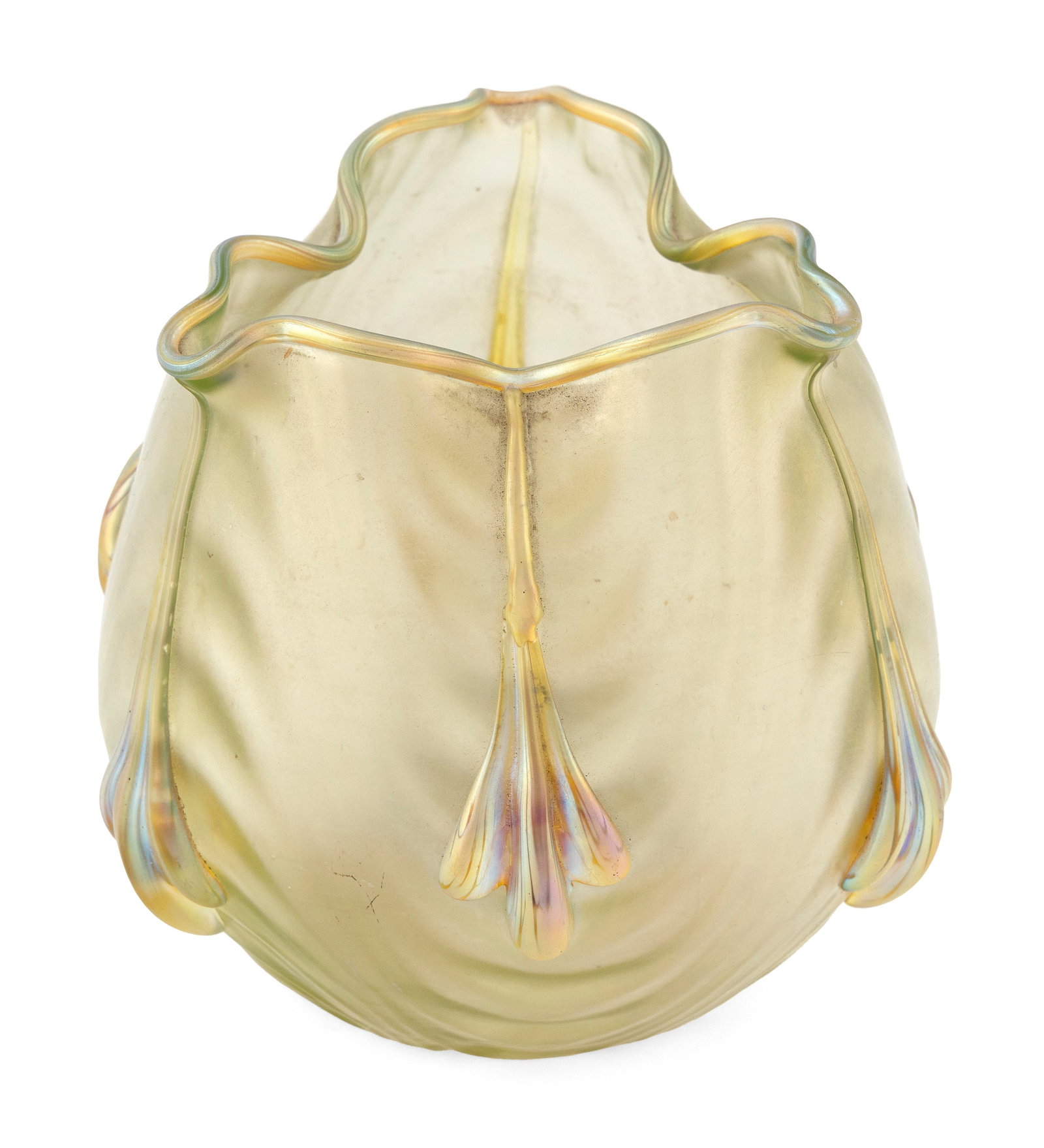 LOETZ-STYLE ART GLASS VASE 20th Century Height 5.75".: LOETZ-STYLE ART GLASS VASE 20th Century Globular form with pinched rim and tassels on sides. Height 5.75".