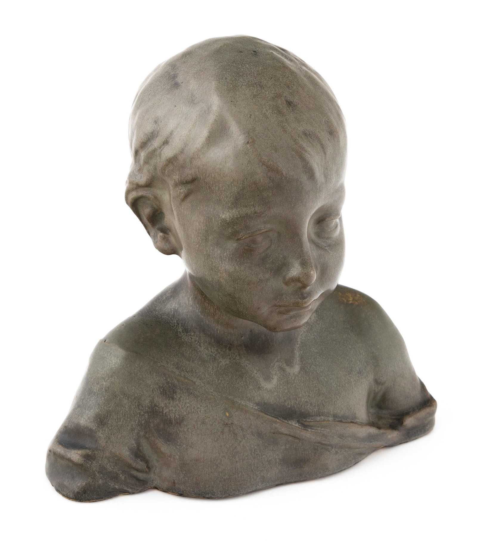 ROOKWOOD POTTERY BUST OF A YOUNG BOY Ohio, Early 20th Century Height 10". Width 10". Depth 5.5". (1 of 3)