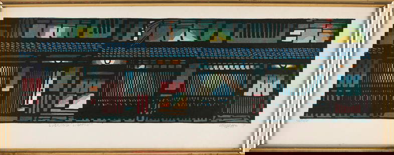 CLIFTON WAYNE KARHU (Minnesota/Japan, 1927-2007), "Evening Lights", 1979., Woodblock print, 7" x: CLIFTON WAYNE KARHUMinnesota/Japan, 1927-2007"Evening Lights", 1979. Signed and dated in pencil lower right. Edition 70/100.Woodblock print, 7" x 23". Framed 10" x 26".