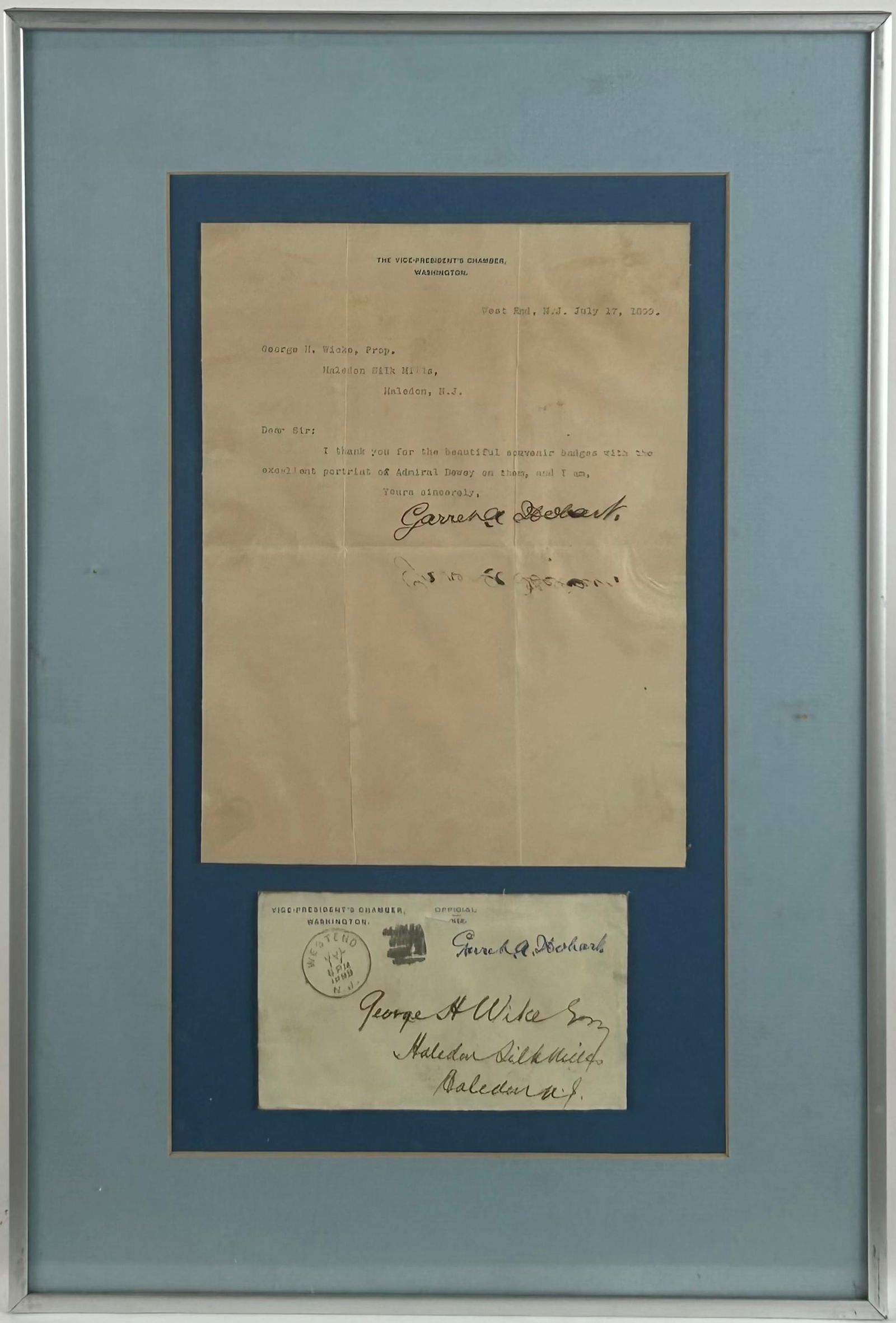 VICE PRESIDENT GARRET HOBART TYPED LETTER SIGNED (TLS) Dated July 17, 1899 Framed 21" x 14". (1 of 1)