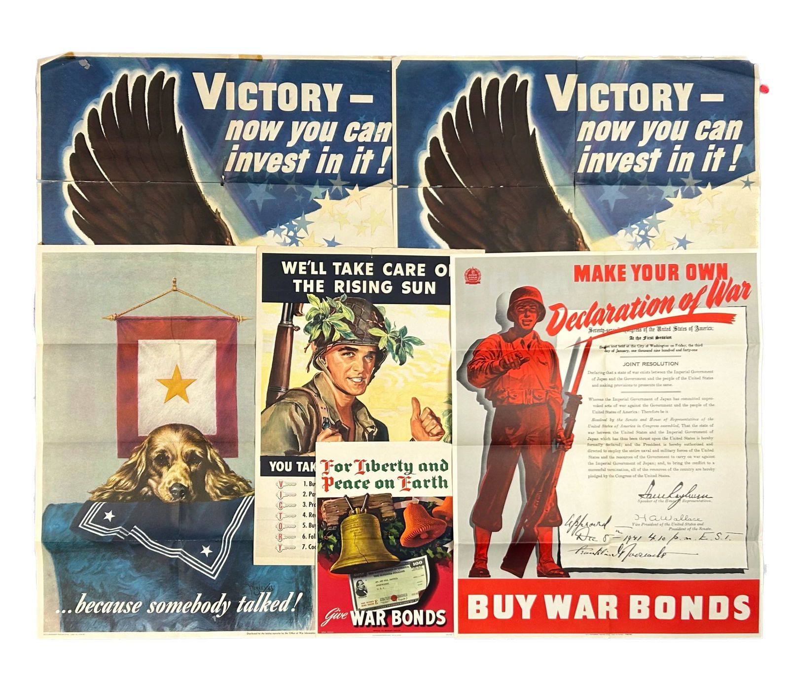 SIX WORLD WAR II-ERA WAR BOND POSTERS 1949s From 14" x 10" to 37" x 26". (1 of 7)
