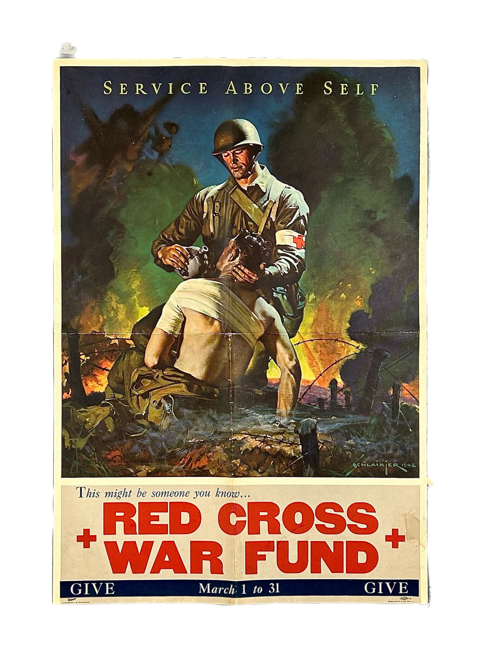 SERVICE ABOVE SELF WORLD WAR II-ERA RED CROSS WAR FUND POSTER 1940s 27.75" x 19". Unframed. (1 of 1)