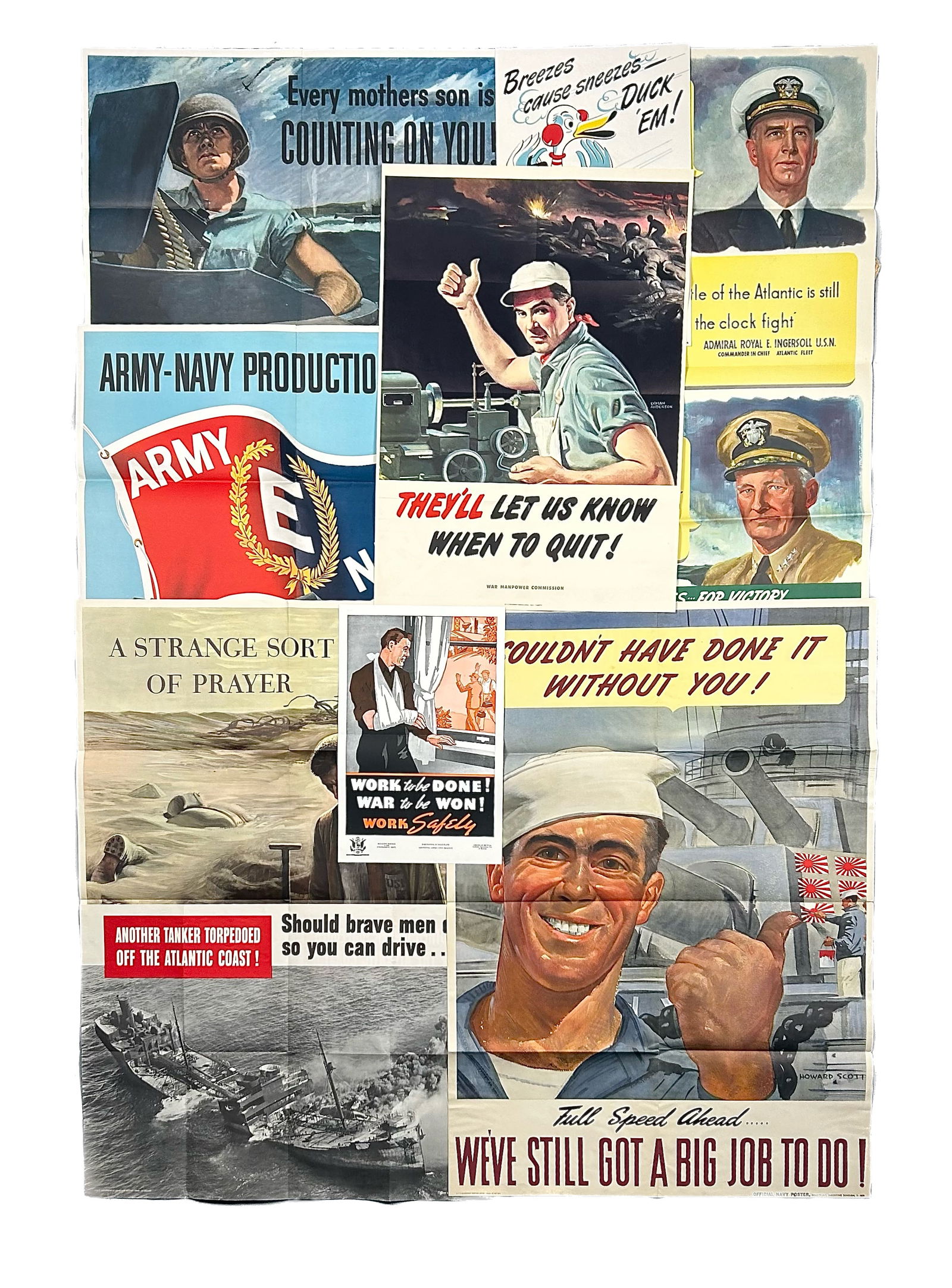 NINE WORLD WAR II-ERA PROPAGANDA POSTERS 1940s Largest 40" x 28". Unframed. (1 of 10)