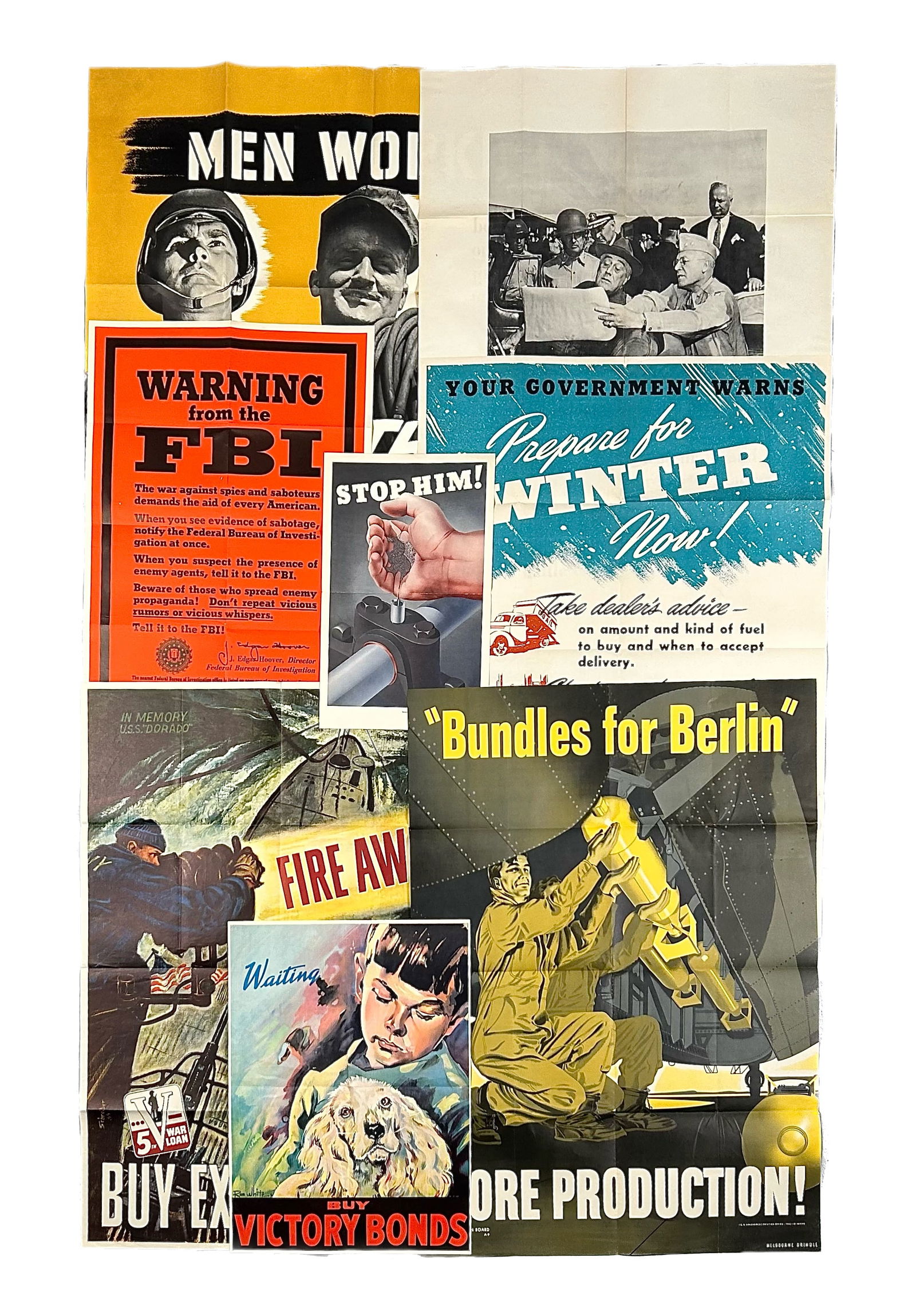EIGHT WORLD WAR II-ERA PROPAGANDA POSTERS 1940s Largest 40" x 28.5". Unframed. (1 of 9)