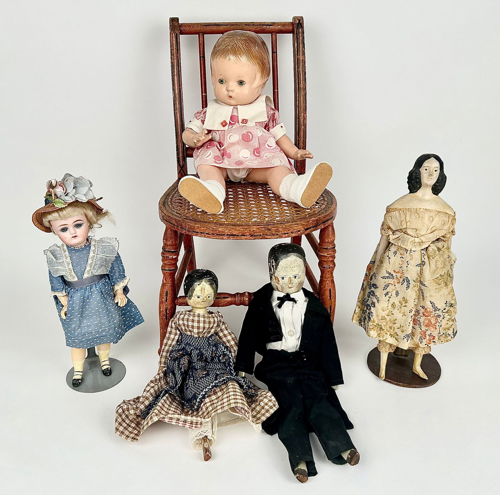 FIVE DOLLS 19th/Early 20th Century Heights from 9" to 12". (1 of 1)