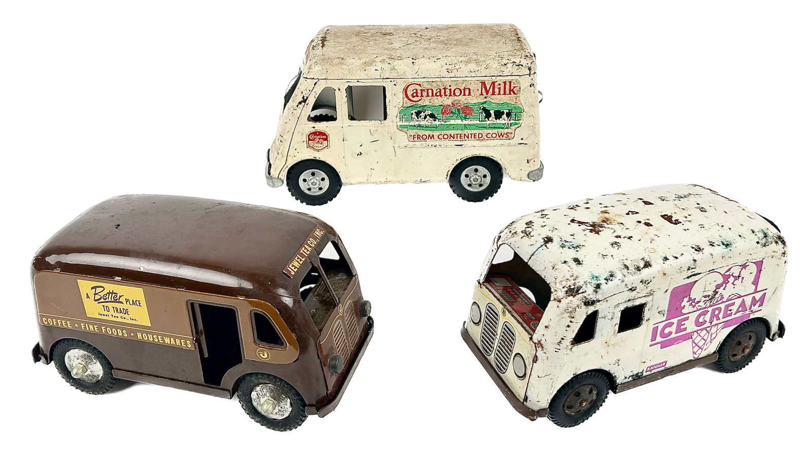 THREE TOY DELIVERY TRUCKS 20th Century Lengths from 8" to 11". (1 of 4)