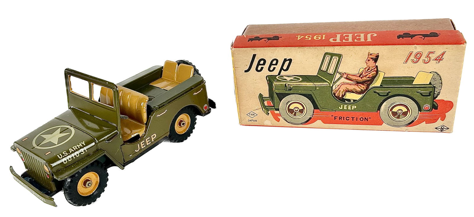 TKK TIN U.S. ARMY JEEP TOY Japan, 1954 Length 7.5". (1 of 5)