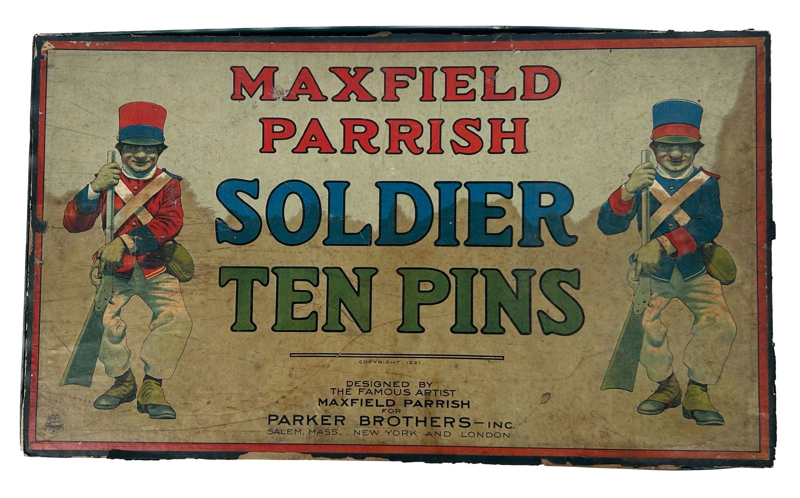 PARKER BROTHERS "MAXFIELD PARRISH SOLDIER TEN PINS" GAME Circa 1921 Box cover 12" x 19.5". (1 of 5)
