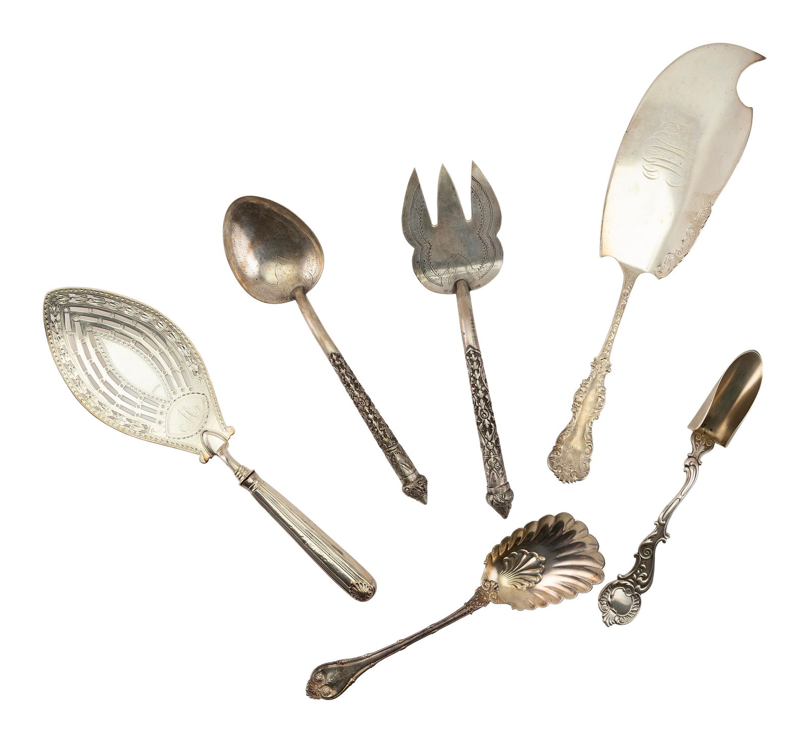 SIX FANCY STERLING SILVER SERVING PIECES Approx. 17.0 troy oz. (1 of 1)