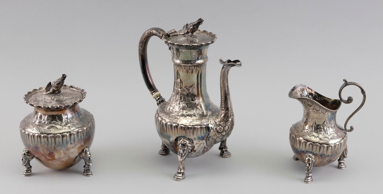 GOULD, STOWELL & WARD COIN SILVER THREE-PIECE DEMITASSE SERVICE Baltimore, Circa 1840-1850 Approx. (1 of 2)