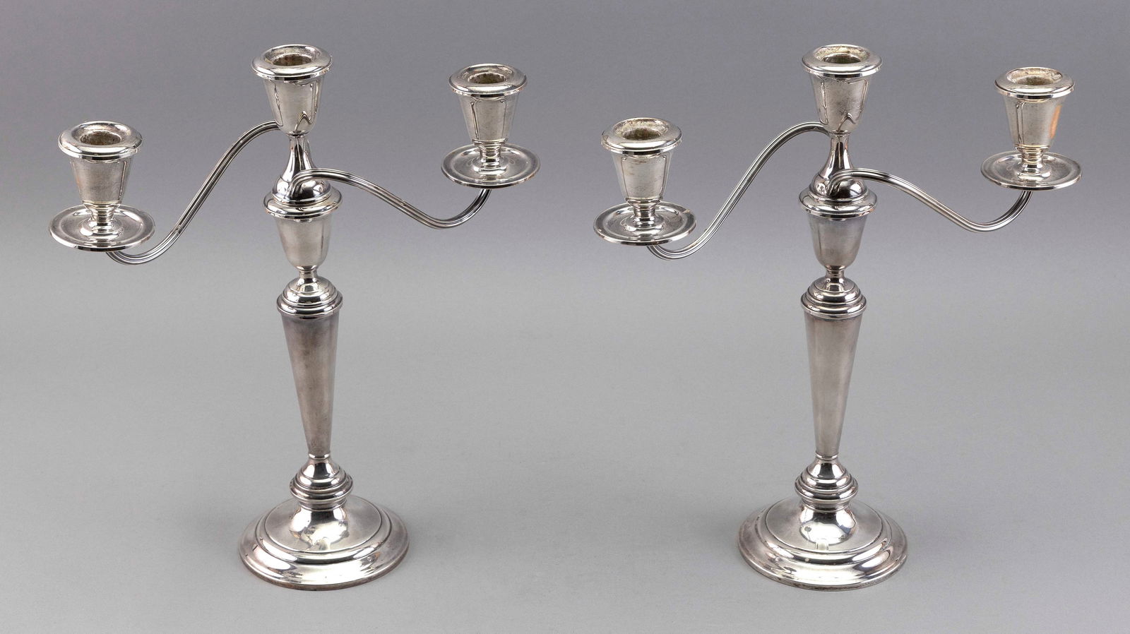 PAIR OF WEIGHTED STERLING SILVER THREE-LIGHT CANDELABRA 20th Century Heights 12.5". Widths 11". (1 of 1)
