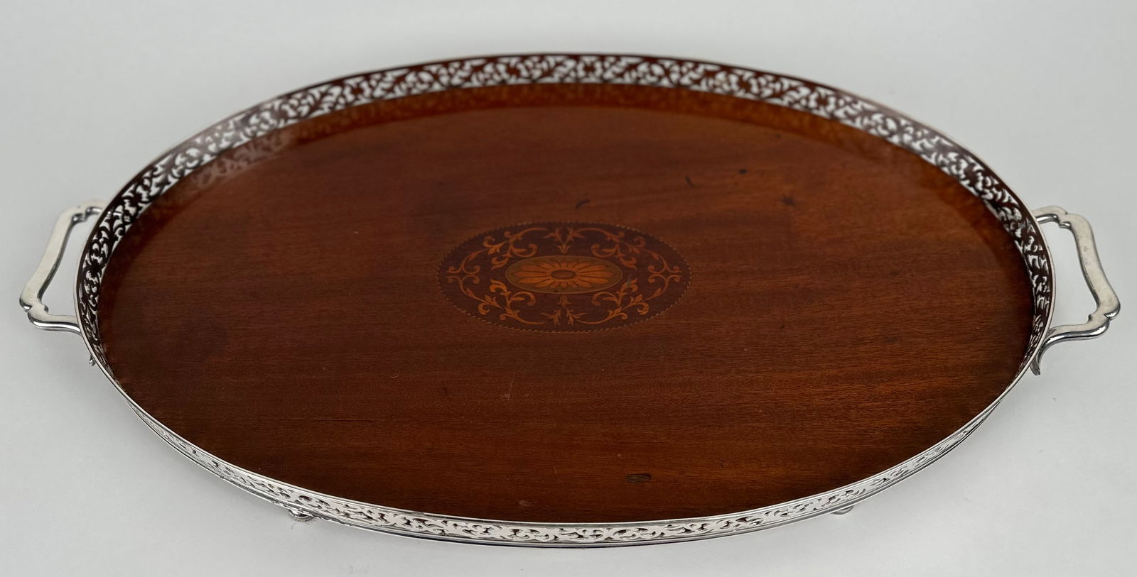 MAHOGANY AND SILVER PLATED SERVING TRAY Early 20th Century (1 of 1)