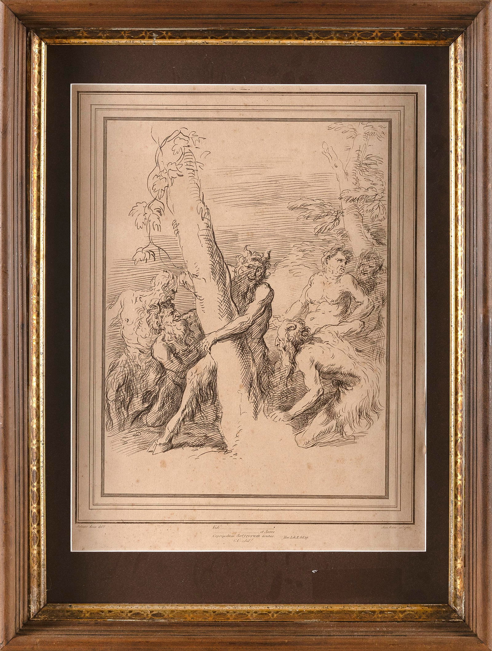 AFTER SALVATOR ROSA (Italy, 1615-1673), Satyr scene., Engraving, 18.25" x 13.75" sight. Framed: AFTER SALVATOR ROSAItaly, 1615-1673Satyr scene. Engraved by Simon Watts. "Vidi et Aures Capripedum Satyrorum Acutus" (I also saw the ears of the sharp-footed satyrs) in lower margin.Engraving, 18.25"