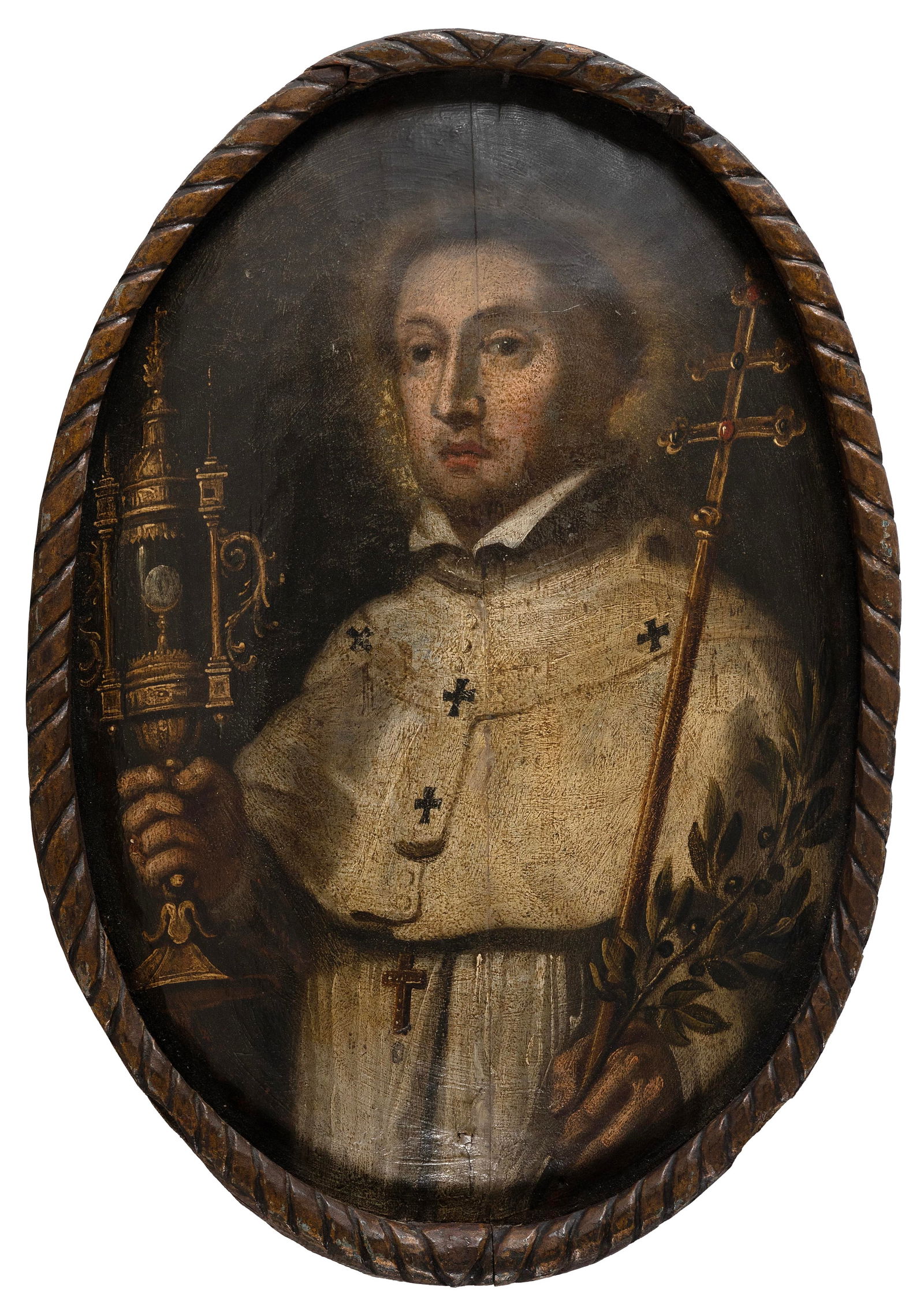 CONTINENTAL SCHOOL (18th Century,), Portrait of a saint holding an ornate chalice in one hand and an (1 of 2)
