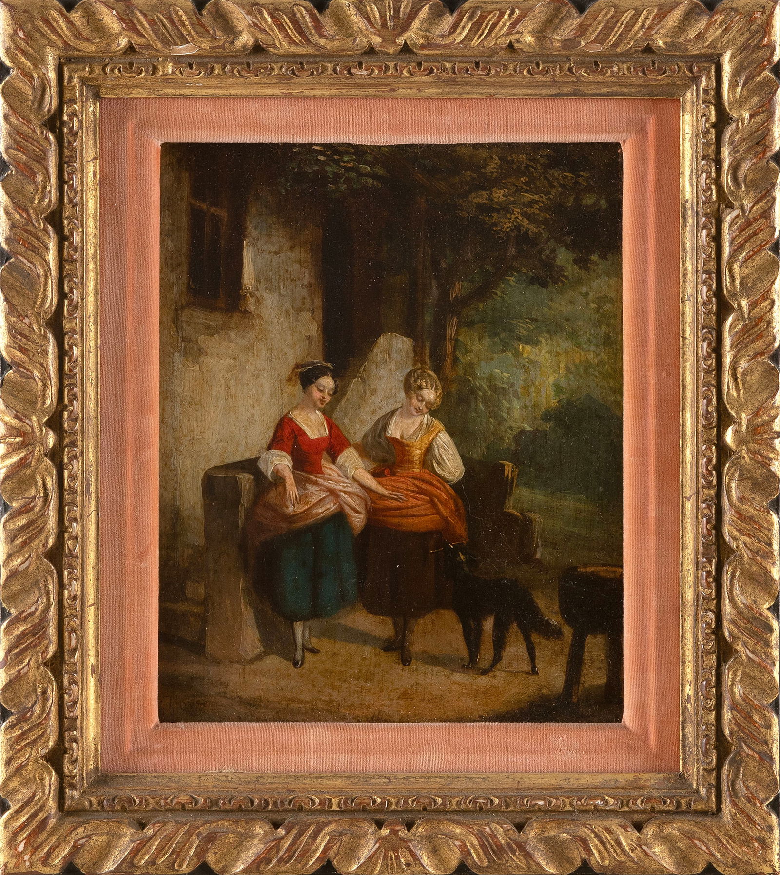 CONTINENTAL SCHOOL (19th Century,), Two ladies and a dog., Oil on panel, 10.5î x 8.5î. (1 of 2)