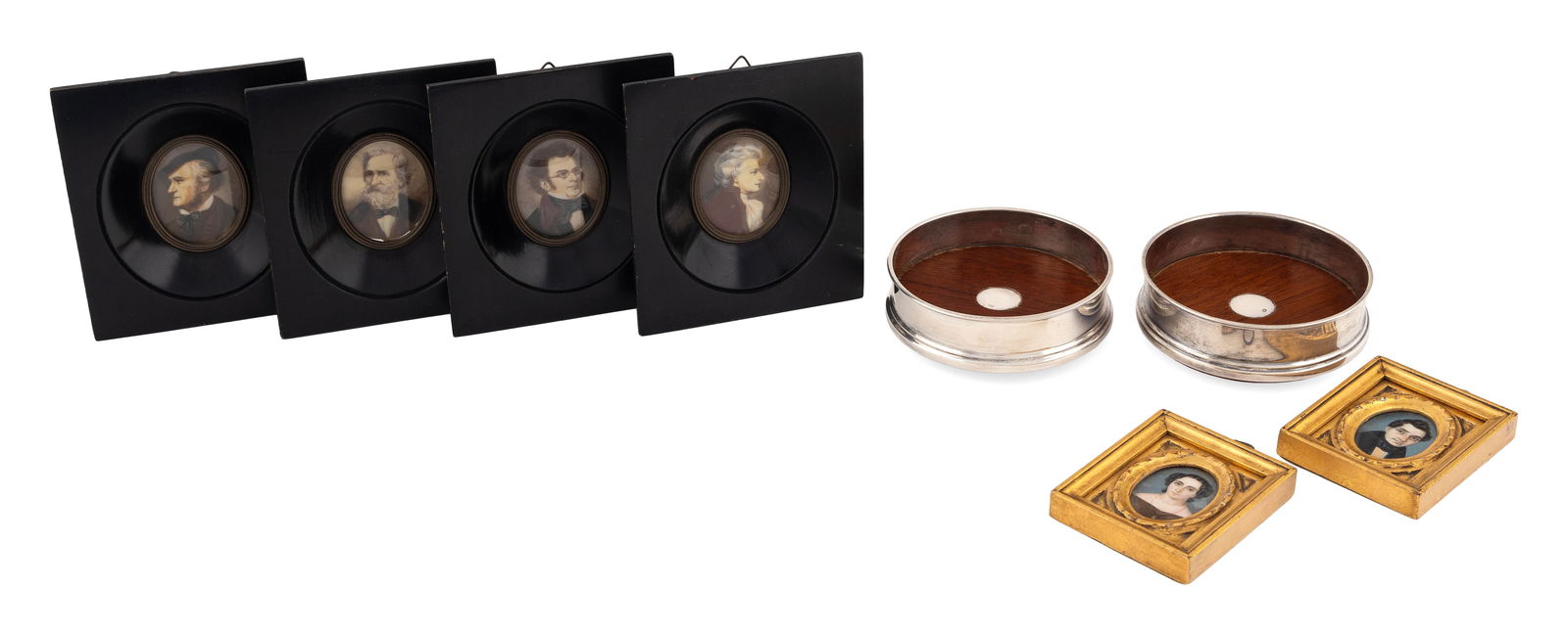 COLLECTION OF MINIATURE PORTRAITS 19th Century Framed from 3î x 2.5î to 4.75î x: COLLECTION OF MINIATURE PORTRAITS19th CenturyTogether with a pair of silver and wood wine coasters. Portraits include a pair depicting a man and woman against blue backgrounds and a set of four depict